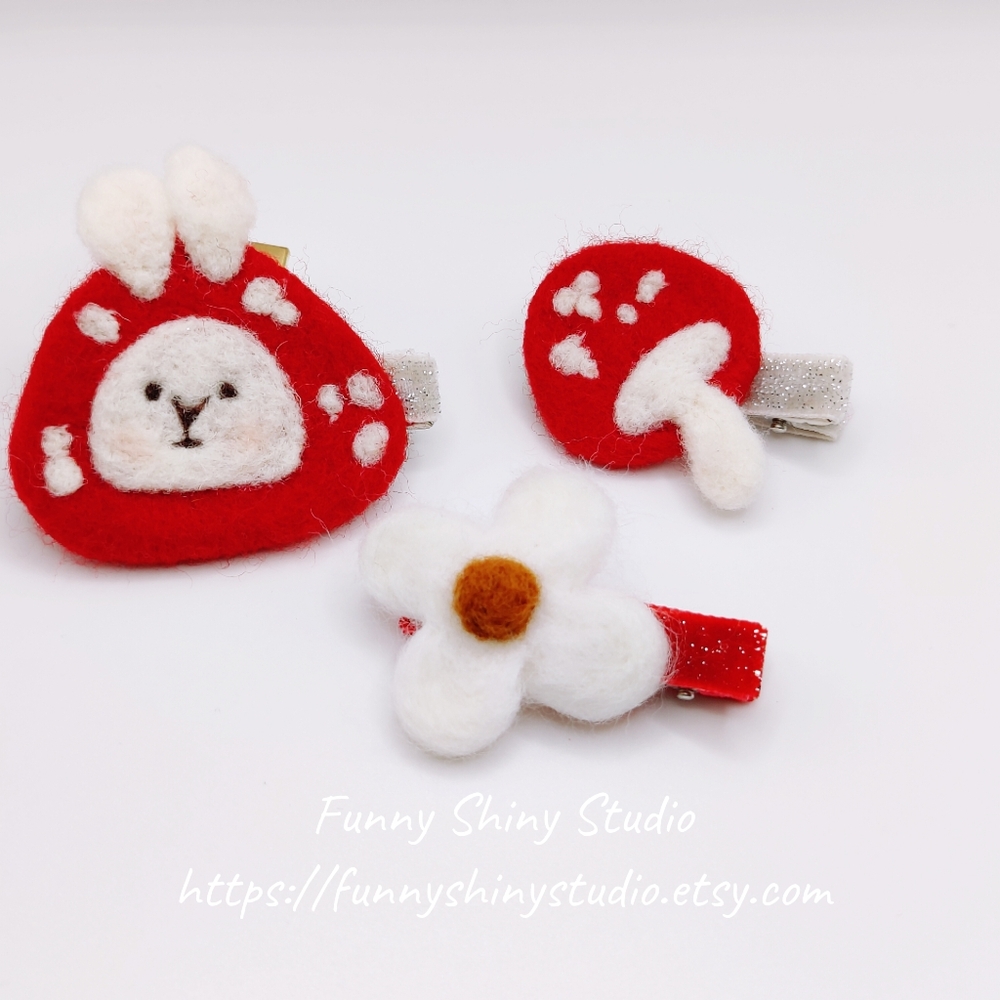 Wool Felt  Bunny Mushroom Flower Velvet Full Lined Hair Clips Set. Set of 3 pcs
